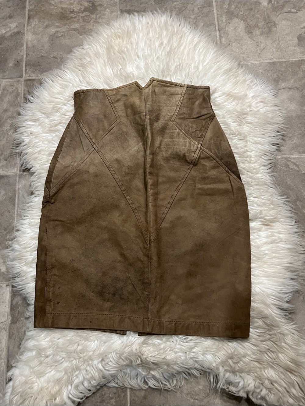 High-Waist Corset Seam Leather Mini Skirt in Tan Brown VTG